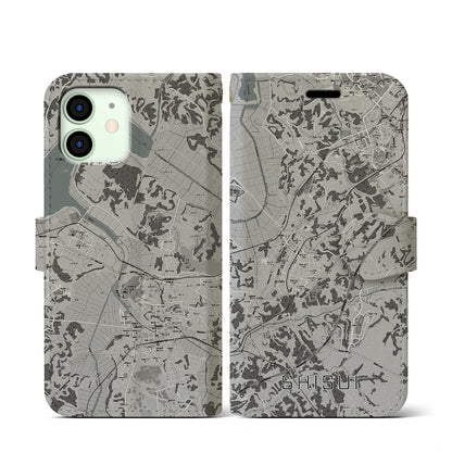 【酒々井（千葉県）】地図柄iPhoneケース（手帳タイプ）モノトーン・iPhone 12 mini 用