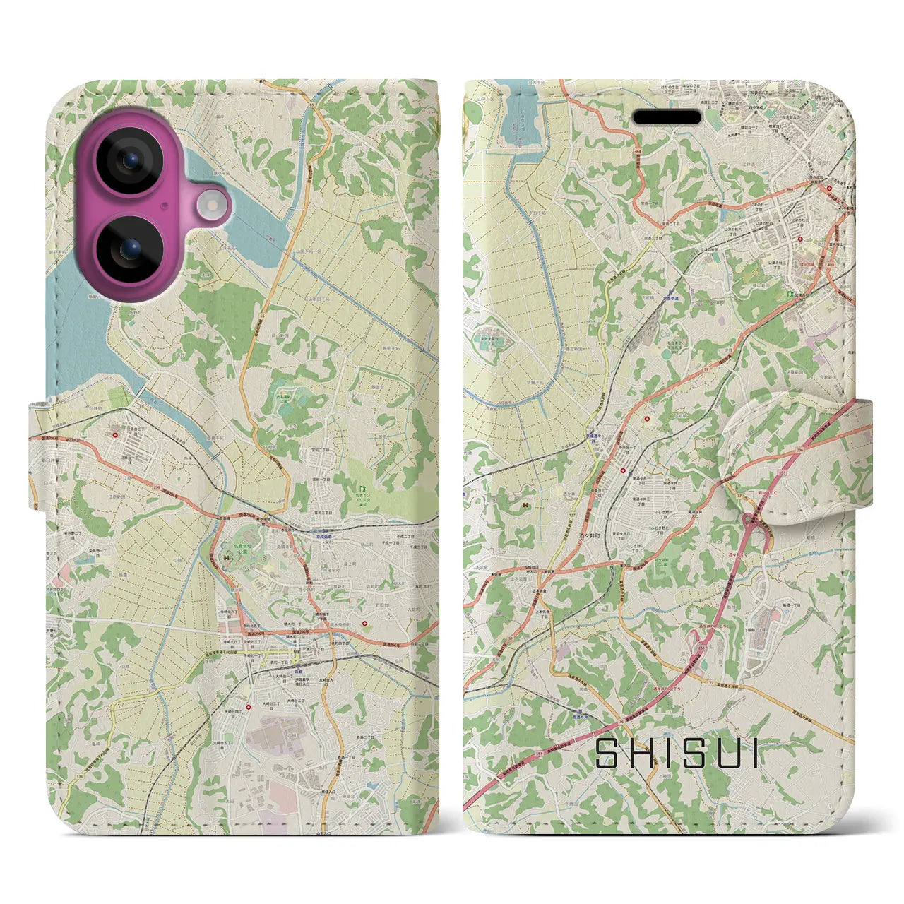 【酒々井（千葉県）】地図柄iPhoneケース（手帳タイプ）ナチュラル・iPhone 16 Pro 用