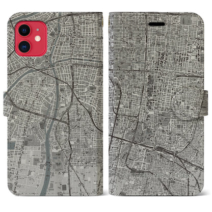 【四天王寺前夕陽ヶ丘（大阪府）】地図柄iPhoneケース（手帳タイプ）モノトーン・iPhone 11 用