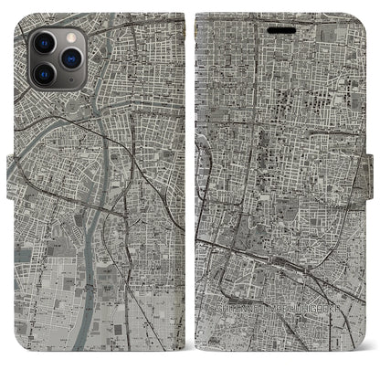 【四天王寺前夕陽ヶ丘（大阪府）】地図柄iPhoneケース（手帳タイプ）モノトーン・iPhone 11 Pro Max 用