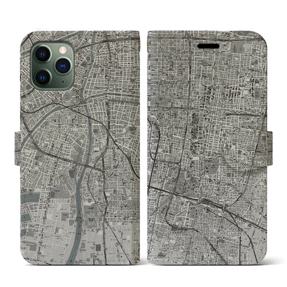 【四天王寺前夕陽ヶ丘（大阪府）】地図柄iPhoneケース（手帳タイプ）モノトーン・iPhone 11 Pro 用