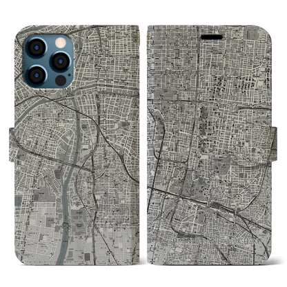【四天王寺前夕陽ヶ丘（大阪府）】地図柄iPhoneケース（手帳タイプ）モノトーン・iPhone 12 / 12 Pro 用
