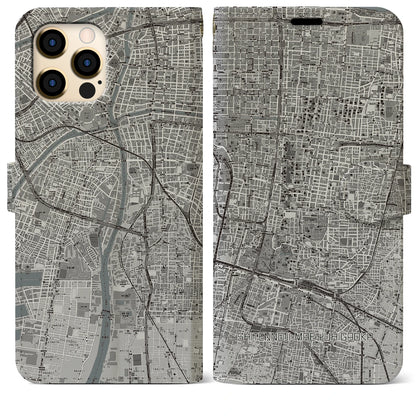 【四天王寺前夕陽ヶ丘（大阪府）】地図柄iPhoneケース（手帳タイプ）モノトーン・iPhone 12 Pro Max 用