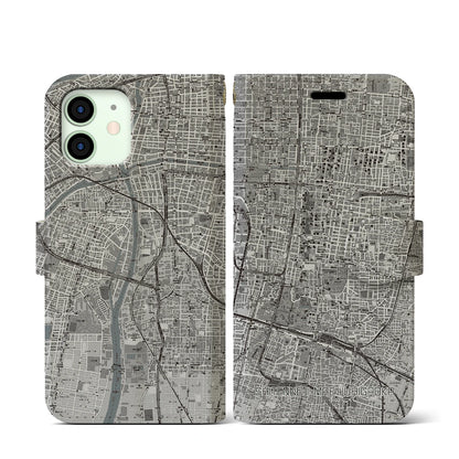 【四天王寺前夕陽ヶ丘（大阪府）】地図柄iPhoneケース（手帳タイプ）モノトーン・iPhone 12 mini 用