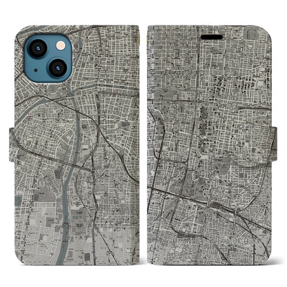 【四天王寺前夕陽ヶ丘（大阪府）】地図柄iPhoneケース（手帳タイプ）モノトーン・iPhone 13 用