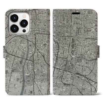 【四天王寺前夕陽ヶ丘（大阪府）】地図柄iPhoneケース（手帳タイプ）モノトーン・iPhone 13 Pro 用