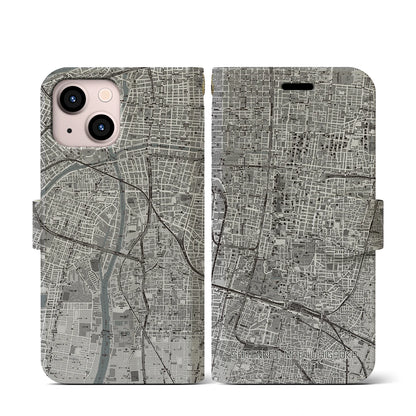 【四天王寺前夕陽ヶ丘（大阪府）】地図柄iPhoneケース（手帳タイプ）モノトーン・iPhone 13 mini 用