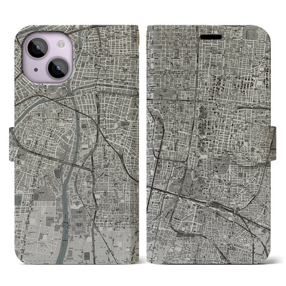 【四天王寺前夕陽ヶ丘（大阪府）】地図柄iPhoneケース（手帳タイプ）モノトーン・iPhone 14 用