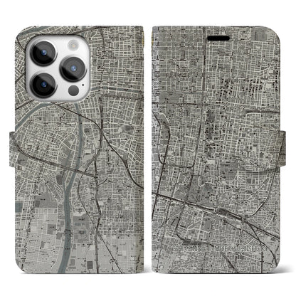 【四天王寺前夕陽ヶ丘（大阪府）】地図柄iPhoneケース（手帳タイプ）モノトーン・iPhone 14 Pro 用