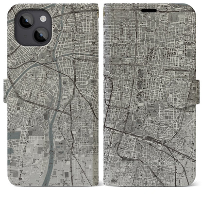 【四天王寺前夕陽ヶ丘（大阪府）】地図柄iPhoneケース（手帳タイプ）モノトーン・iPhone 14 Plus 用