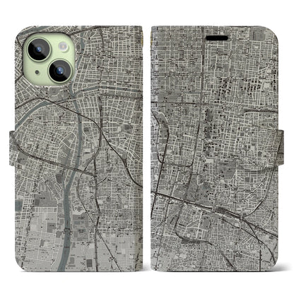 【四天王寺前夕陽ヶ丘（大阪府）】地図柄iPhoneケース（手帳タイプ）モノトーン・iPhone 15 用