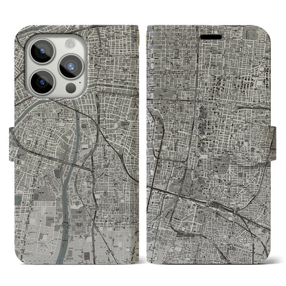 【四天王寺前夕陽ヶ丘（大阪府）】地図柄iPhoneケース（手帳タイプ）モノトーン・iPhone 15 Pro 用