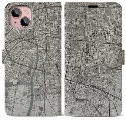 【四天王寺前夕陽ヶ丘（大阪府）】地図柄iPhoneケース（手帳タイプ）モノトーン・iPhone 15 Plus 用