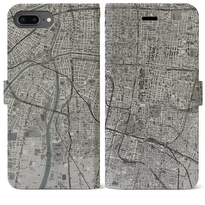 【四天王寺前夕陽ヶ丘（大阪府）】地図柄iPhoneケース（手帳タイプ）モノトーン・iPhone 8Plus /7Plus / 6sPlus / 6Plus 用