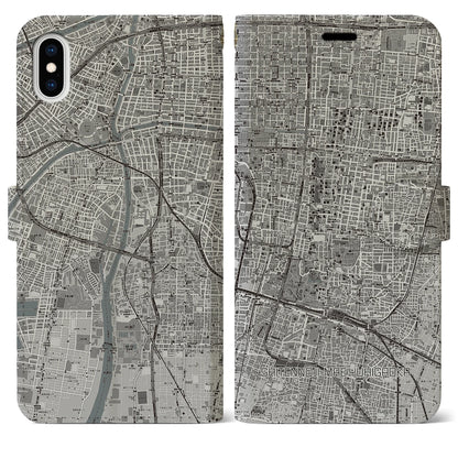 【四天王寺前夕陽ヶ丘（大阪府）】地図柄iPhoneケース（手帳タイプ）モノトーン・iPhone XS Max 用