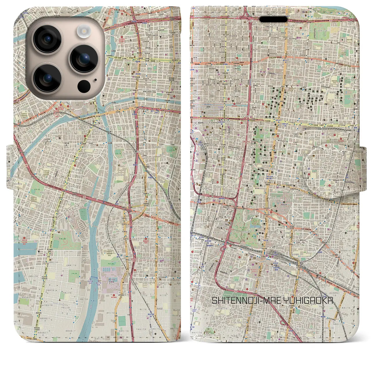 【四天王寺前夕陽ヶ丘（大阪府）】地図柄iPhoneケース（手帳タイプ）ナチュラル・iPhone 16 Plus 用