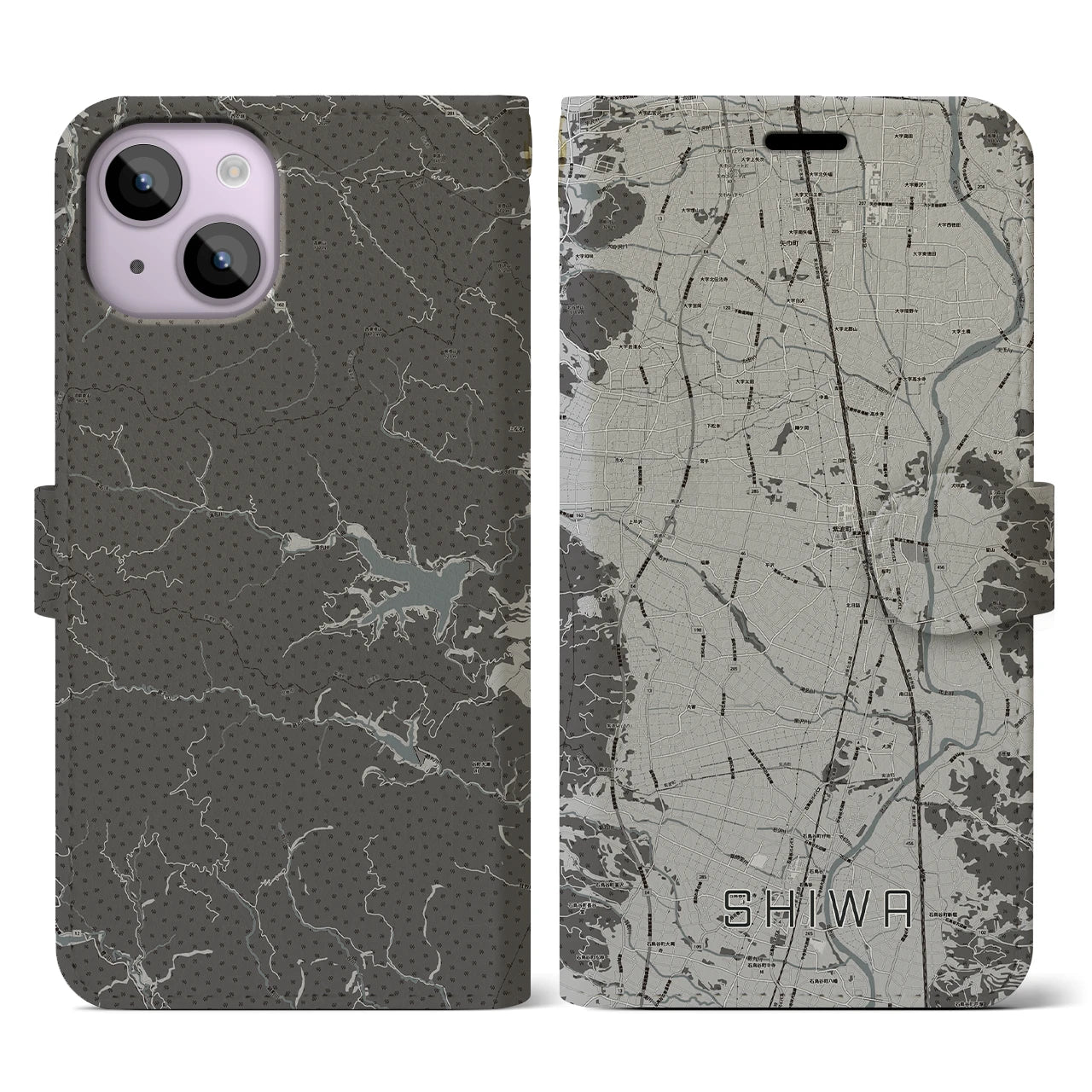 【紫波】地図柄iPhoneケース（手帳両面タイプ・モノトーン）iPhone 14 用