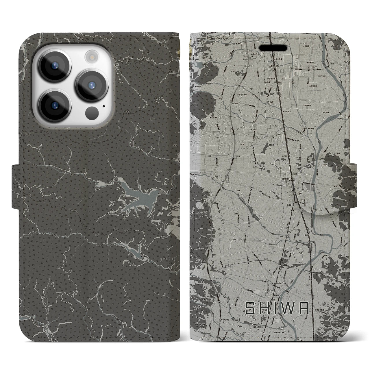 【紫波】地図柄iPhoneケース（手帳両面タイプ・モノトーン）iPhone 14 Pro 用