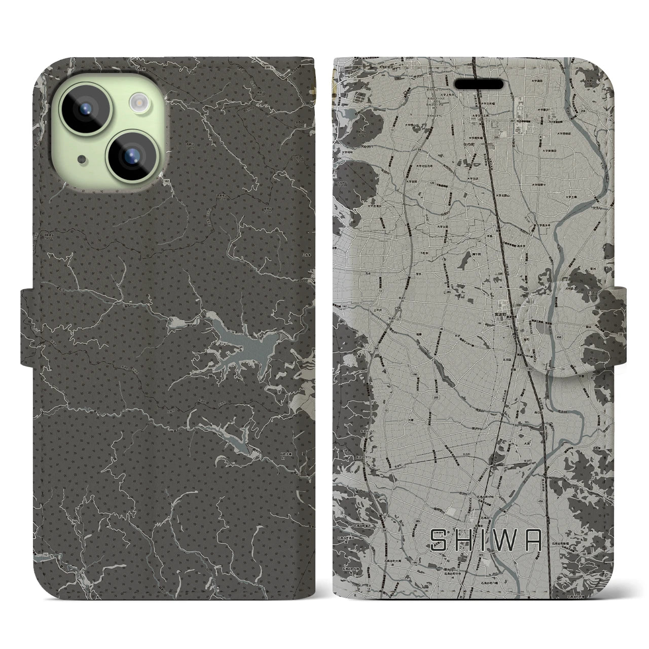 【紫波】地図柄iPhoneケース（手帳両面タイプ・モノトーン）iPhone 15 用