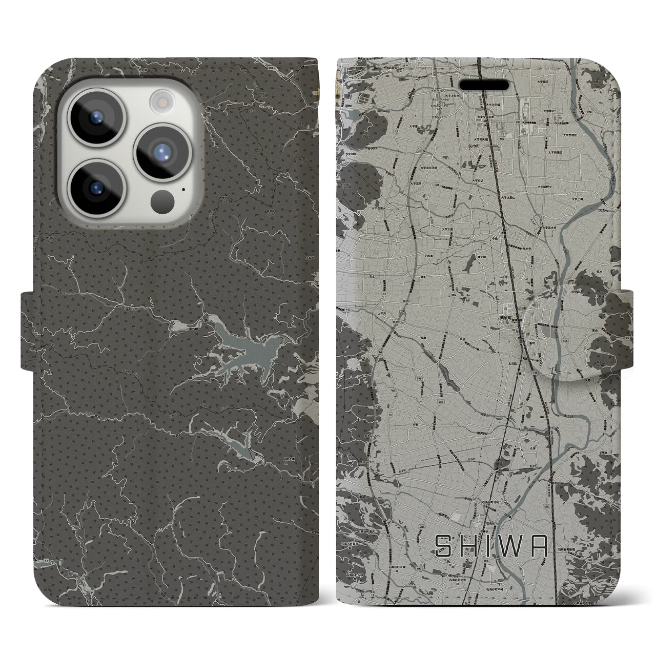 【紫波】地図柄iPhoneケース（手帳両面タイプ・モノトーン）iPhone 15 Pro 用
