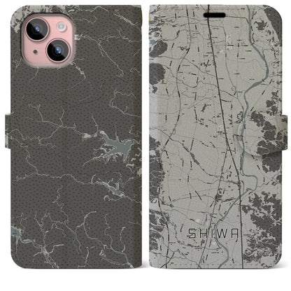 【紫波（岩手県）】地図柄iPhoneケース（手帳タイプ）モノトーン・iPhone 15 Plus 用