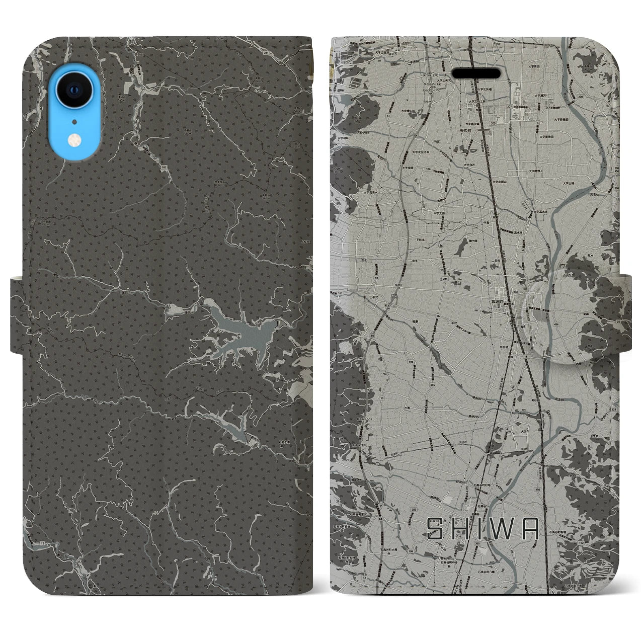 【紫波】地図柄iPhoneケース（手帳両面タイプ・モノトーン）iPhone XR 用