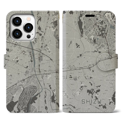 【志津（千葉県）】地図柄iPhoneケース（手帳タイプ）モノトーン・iPhone 13 Pro 用