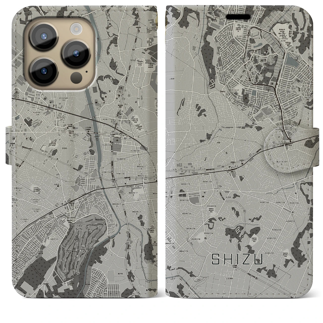 【志津】地図柄iPhoneケース（手帳両面タイプ・モノトーン）iPhone 14 Pro Max 用