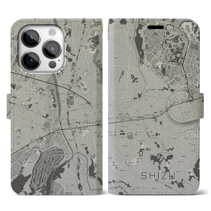 【志津（千葉県）】地図柄iPhoneケース（手帳タイプ）モノトーン・iPhone 14 Pro 用