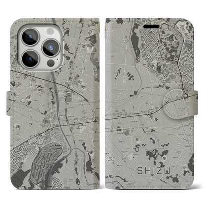 【志津（千葉県）】地図柄iPhoneケース（手帳タイプ）モノトーン・iPhone 15 Pro 用