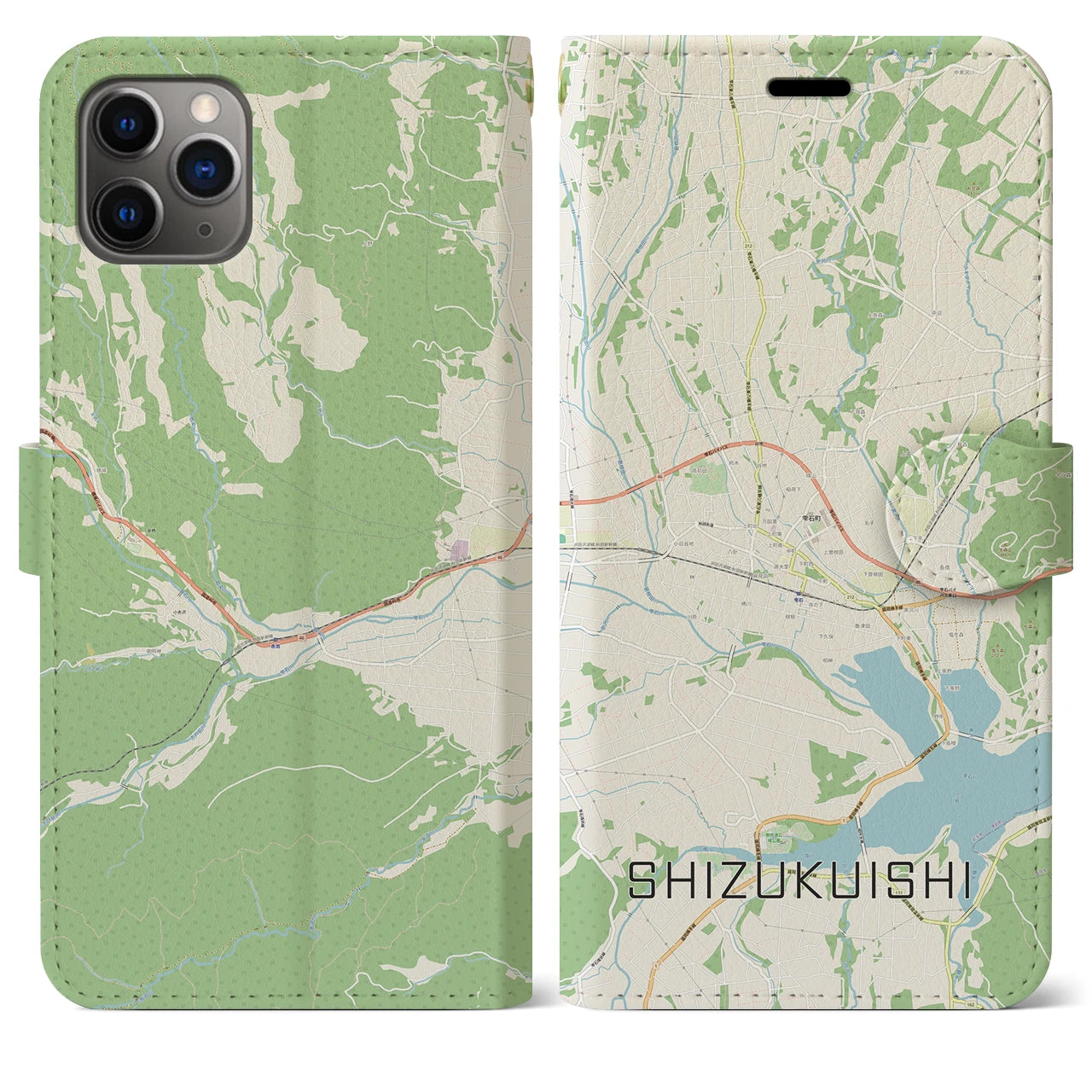 【雫石】地図柄iPhoneケース（手帳両面タイプ・ナチュラル）iPhone 11 Pro Max 用