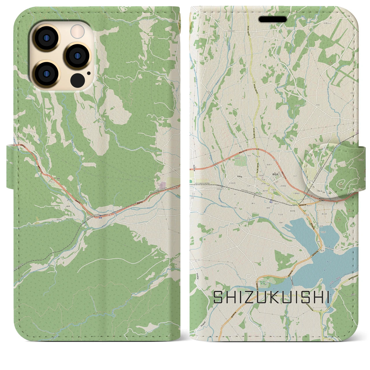 【雫石】地図柄iPhoneケース（手帳両面タイプ・ナチュラル）iPhone 12 Pro Max 用