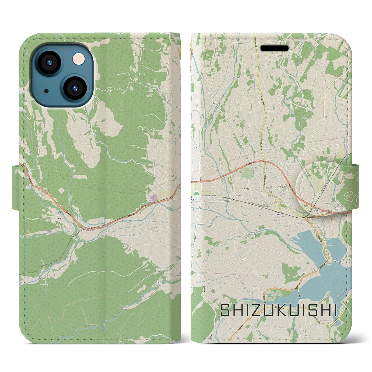 【雫石】地図柄iPhoneケース（手帳両面タイプ・ナチュラル）iPhone 13 用