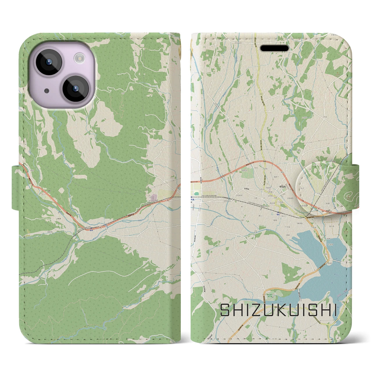 【雫石】地図柄iPhoneケース（手帳両面タイプ・ナチュラル）iPhone 14 用