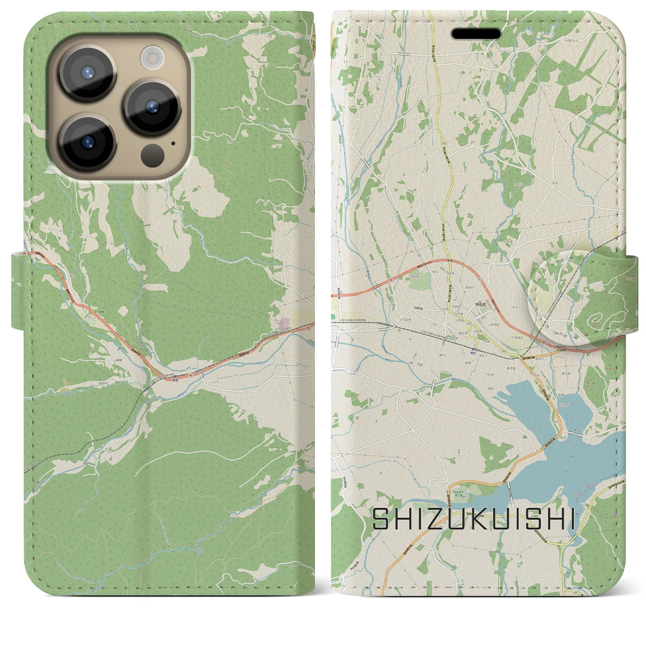【雫石】地図柄iPhoneケース（手帳両面タイプ・ナチュラル）iPhone 14 Pro Max 用