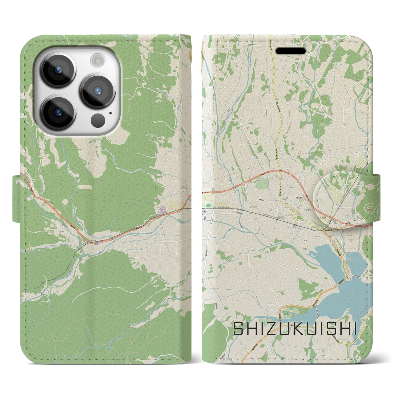 【雫石】地図柄iPhoneケース（手帳両面タイプ・ナチュラル）iPhone 14 Pro 用