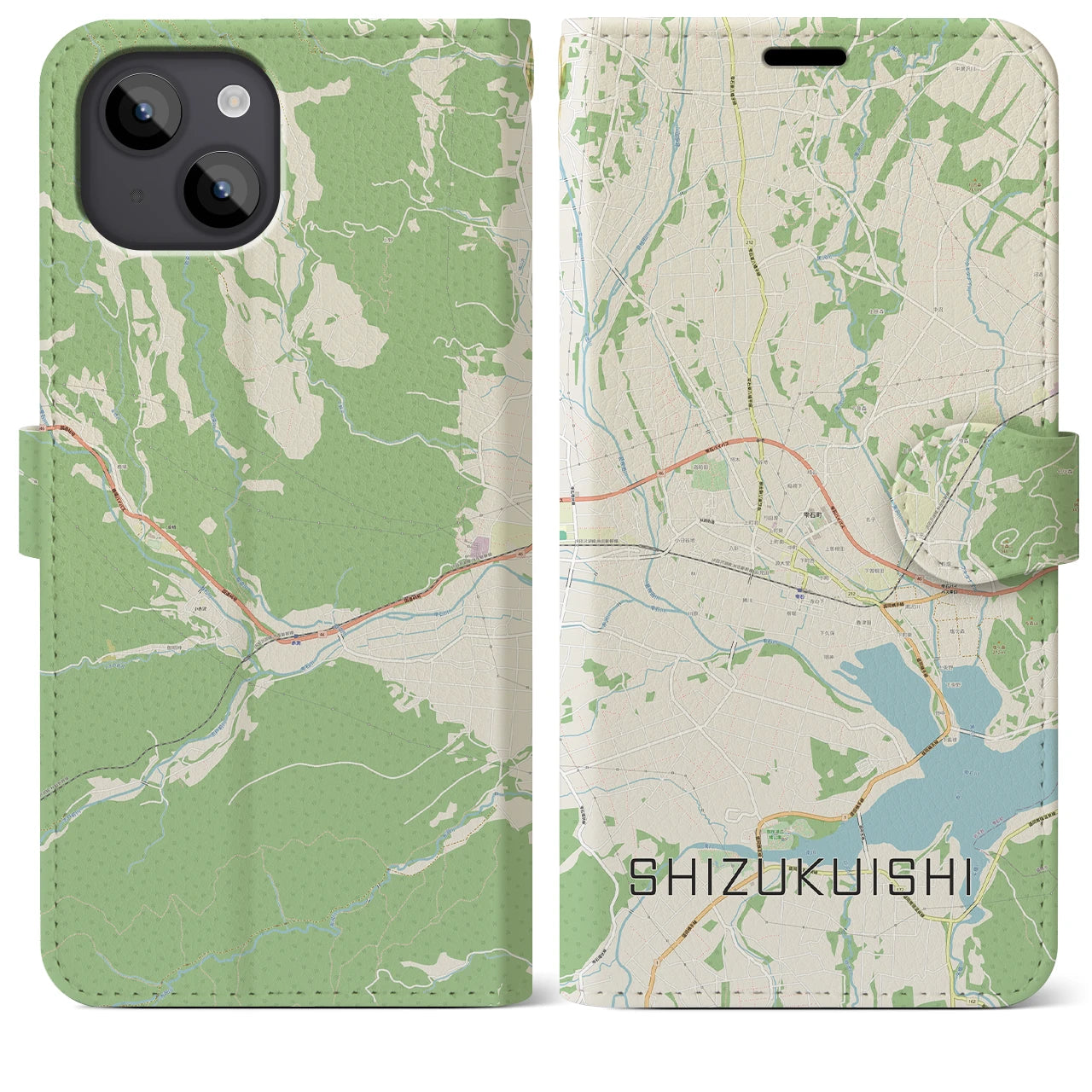 【雫石】地図柄iPhoneケース（手帳両面タイプ・ナチュラル）iPhone 14 Plus 用