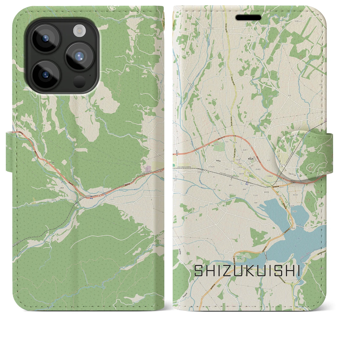 【雫石】地図柄iPhoneケース（手帳両面タイプ・ナチュラル）iPhone 15 Pro Max 用
