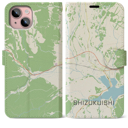 【雫石（岩手県）】地図柄iPhoneケース（手帳タイプ）ナチュラル・iPhone 15 Plus 用