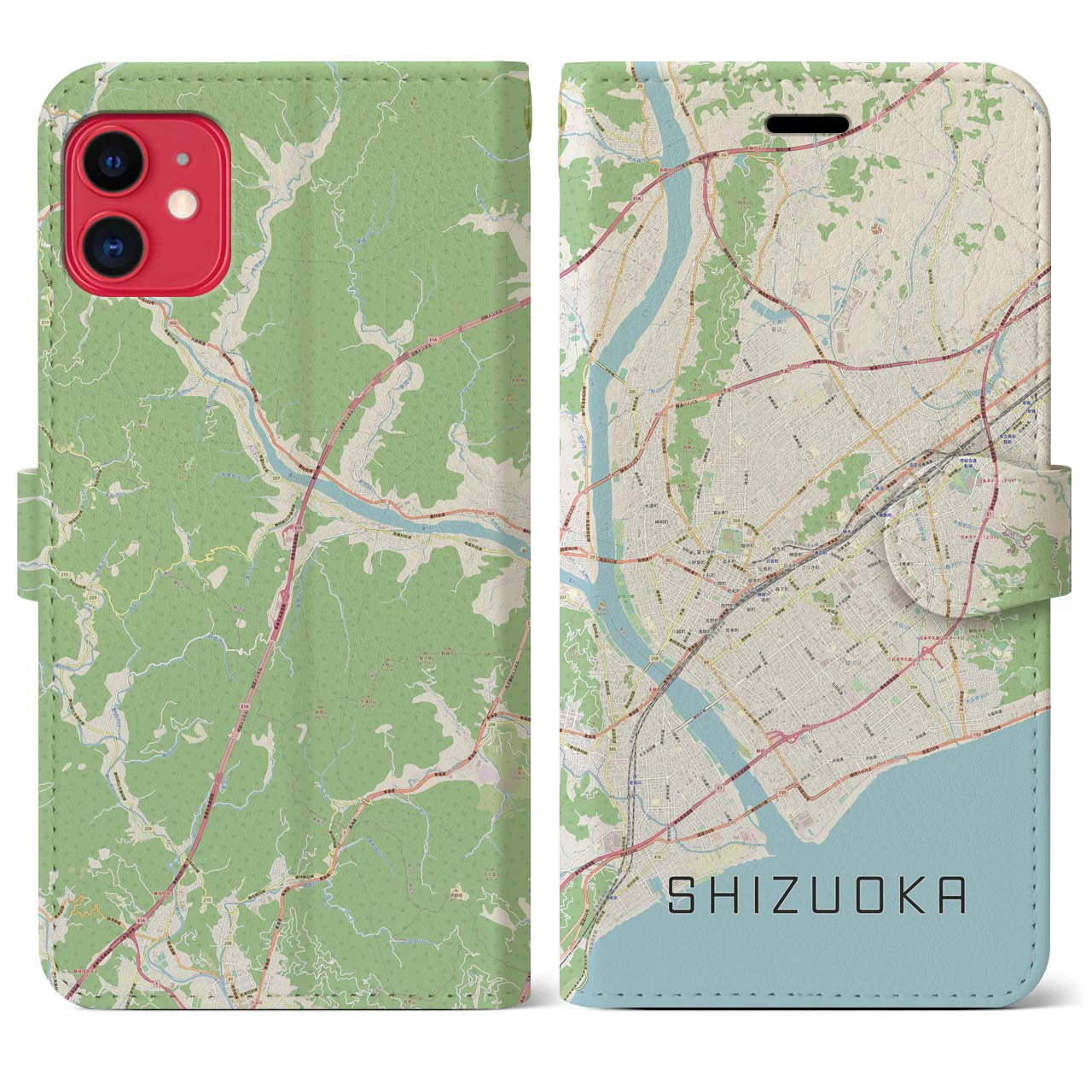 【静岡】地図柄iPhoneケース（手帳両面タイプ・ナチュラル）iPhone 11 用