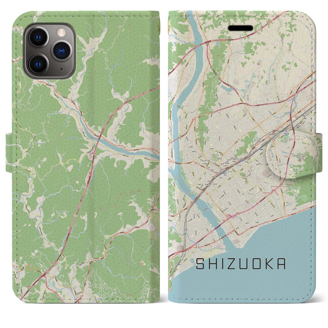 【静岡】地図柄iPhoneケース（手帳両面タイプ・ナチュラル）iPhone 11 Pro Max 用