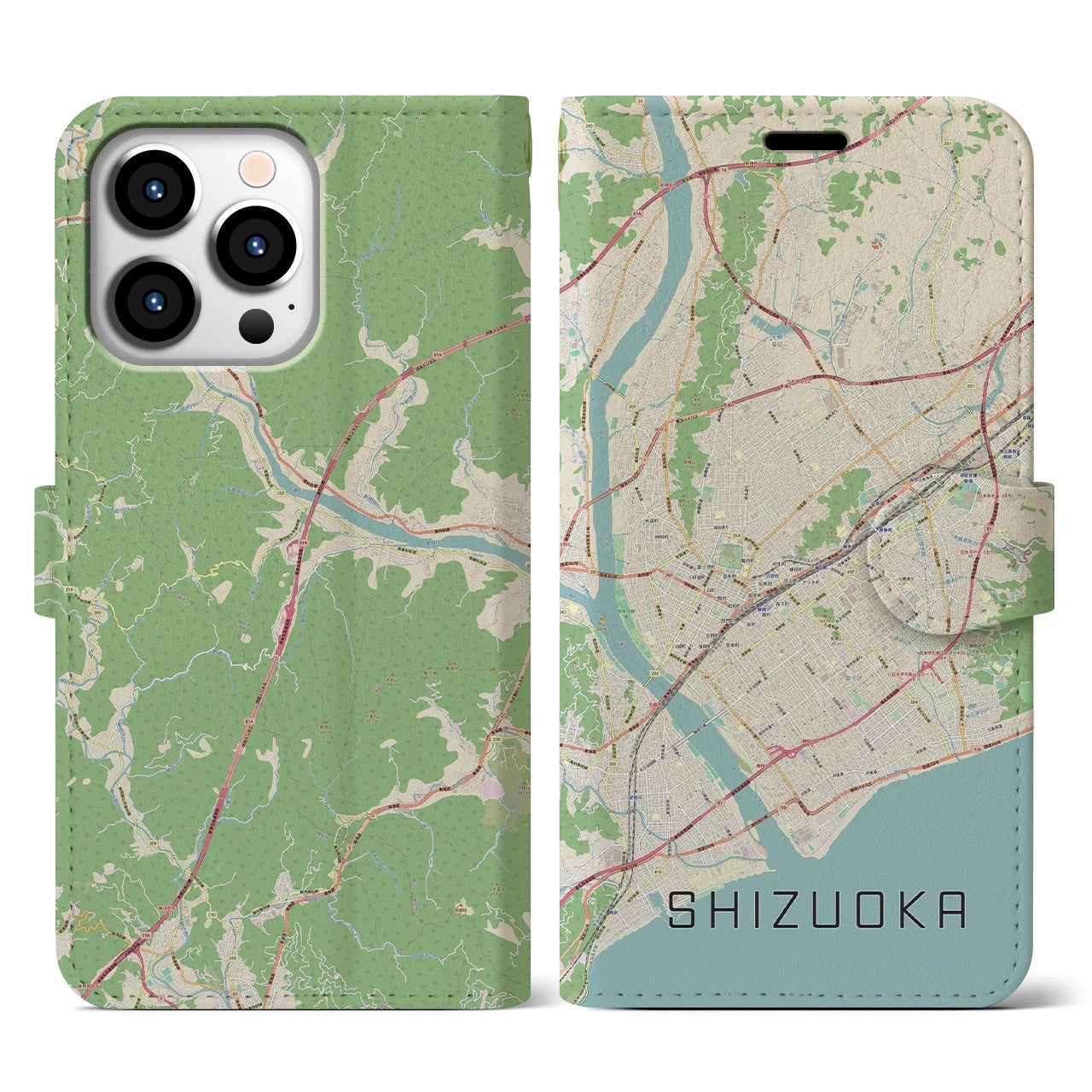 【静岡】地図柄iPhoneケース（手帳両面タイプ・ナチュラル）iPhone 13 Pro 用