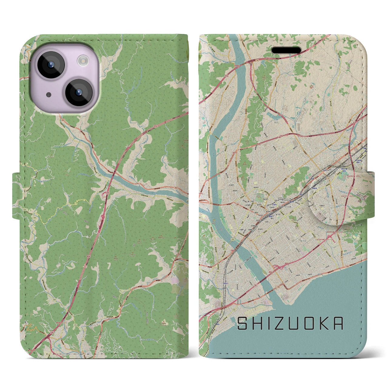 【静岡】地図柄iPhoneケース（手帳両面タイプ・ナチュラル）iPhone 14 用
