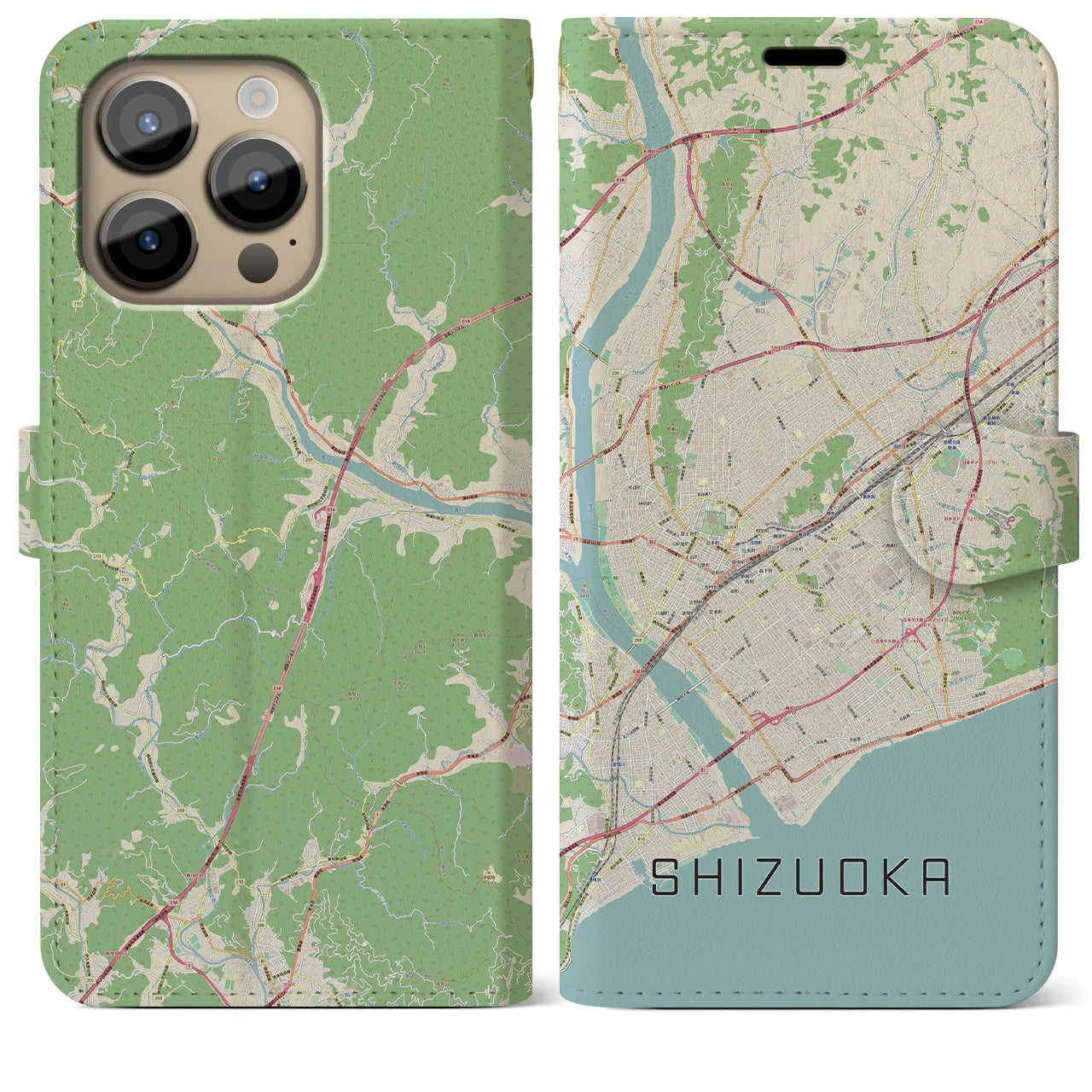 【静岡】地図柄iPhoneケース（手帳両面タイプ・ナチュラル）iPhone 14 Pro Max 用