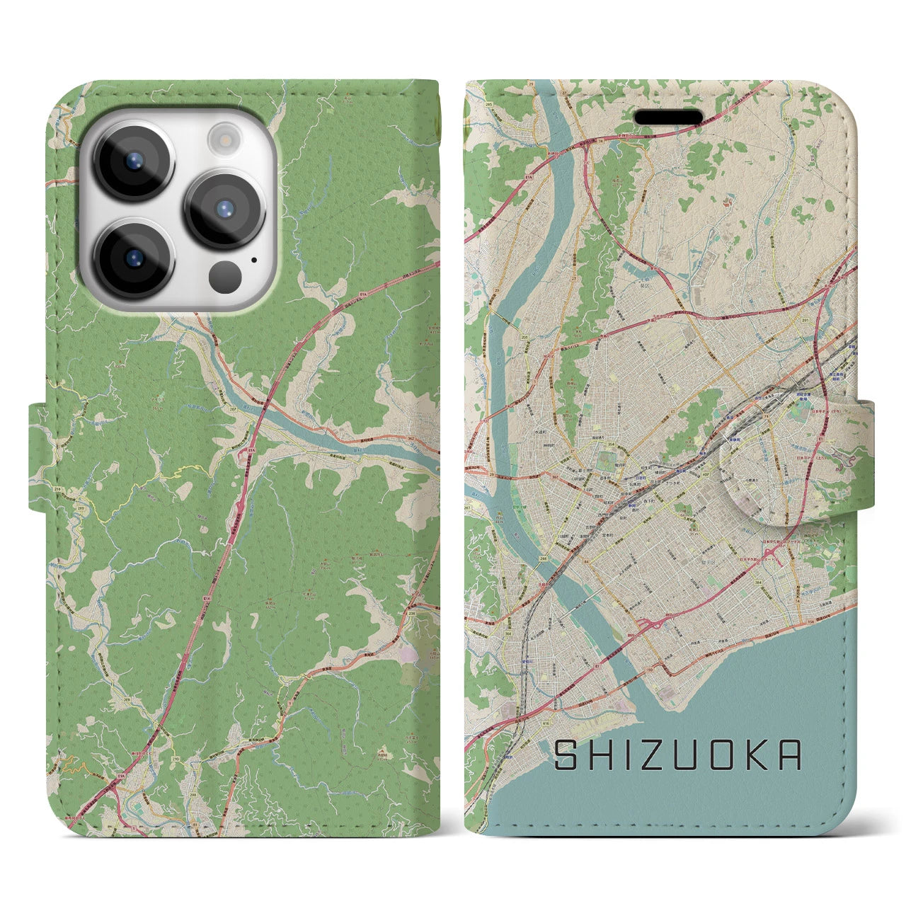 【静岡】地図柄iPhoneケース（手帳両面タイプ・ナチュラル）iPhone 14 Pro 用