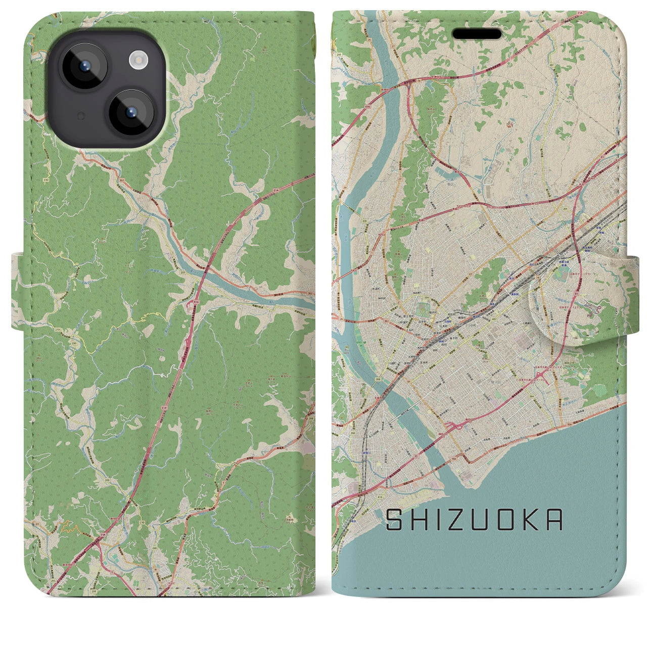 【静岡】地図柄iPhoneケース（手帳両面タイプ・ナチュラル）iPhone 14 Plus 用