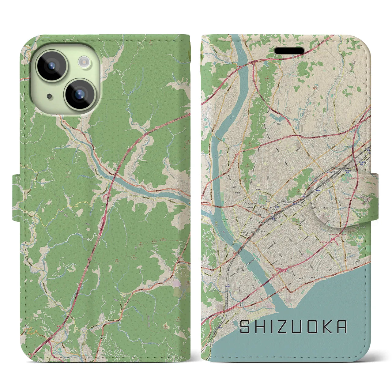 【静岡】地図柄iPhoneケース（手帳両面タイプ・ナチュラル）iPhone 15 用