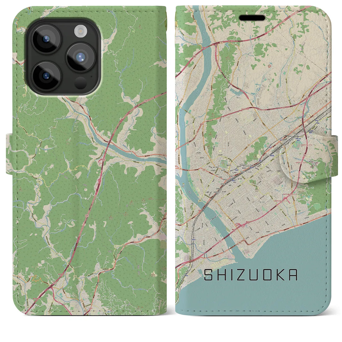 【静岡】地図柄iPhoneケース（手帳両面タイプ・ナチュラル）iPhone 15 Pro Max 用