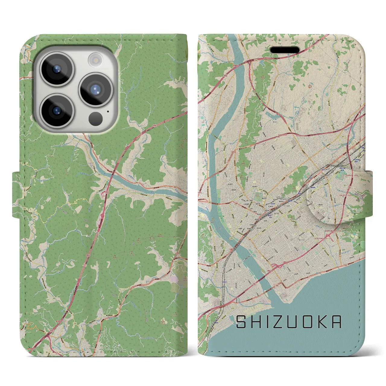 【静岡】地図柄iPhoneケース（手帳両面タイプ・ナチュラル）iPhone 15 Pro 用