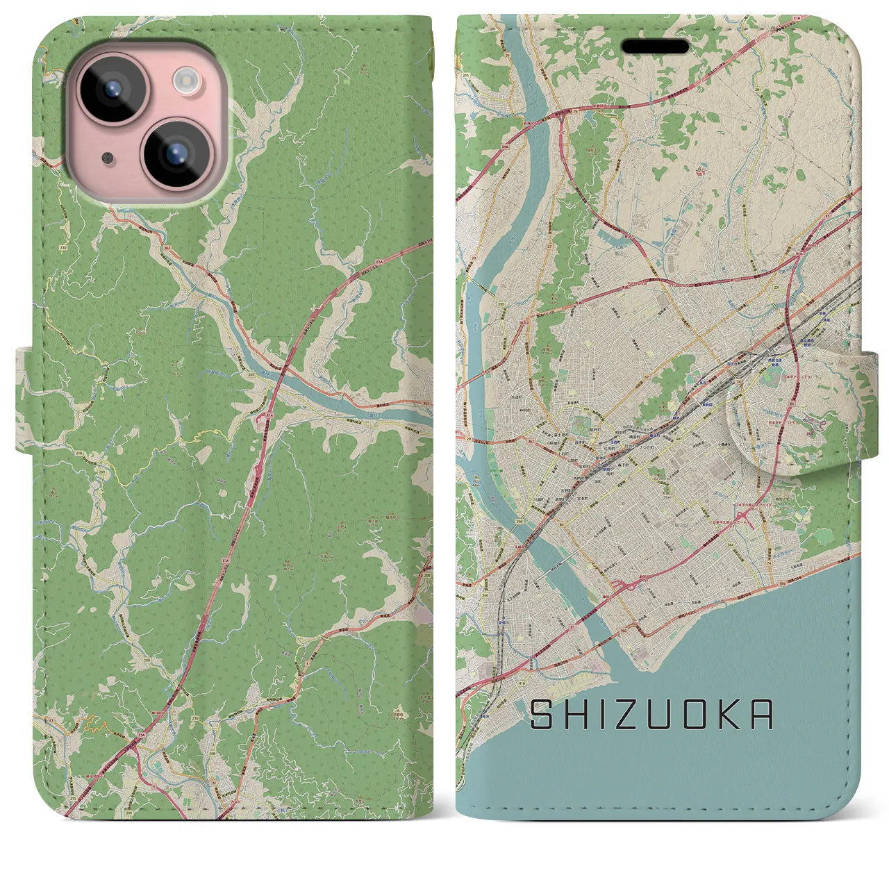【静岡】地図柄iPhoneケース（手帳両面タイプ・ナチュラル）iPhone 15 Plus 用